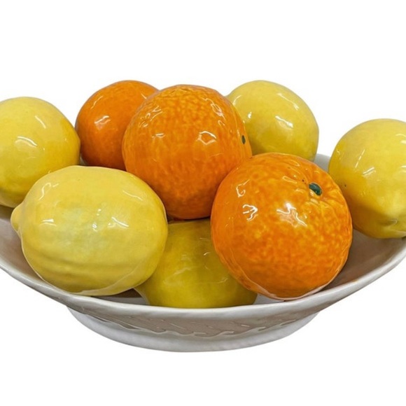 Vintage Italian porcelain lemon and orange sculpture in a white woven look bowl!